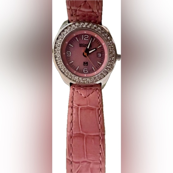 Michael Kors Pink Leather & Stainless Steel Silver Wrist Watch w/ Bling & Date - Picture 4 of 15